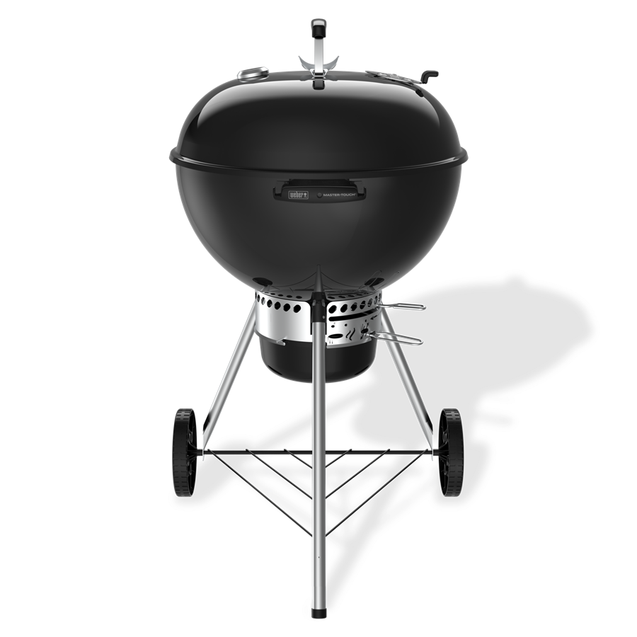 Black Weber Master-Touch 22-inch charcoal kettle grill with hinged cooking grate and Tuck-Away lid holder.